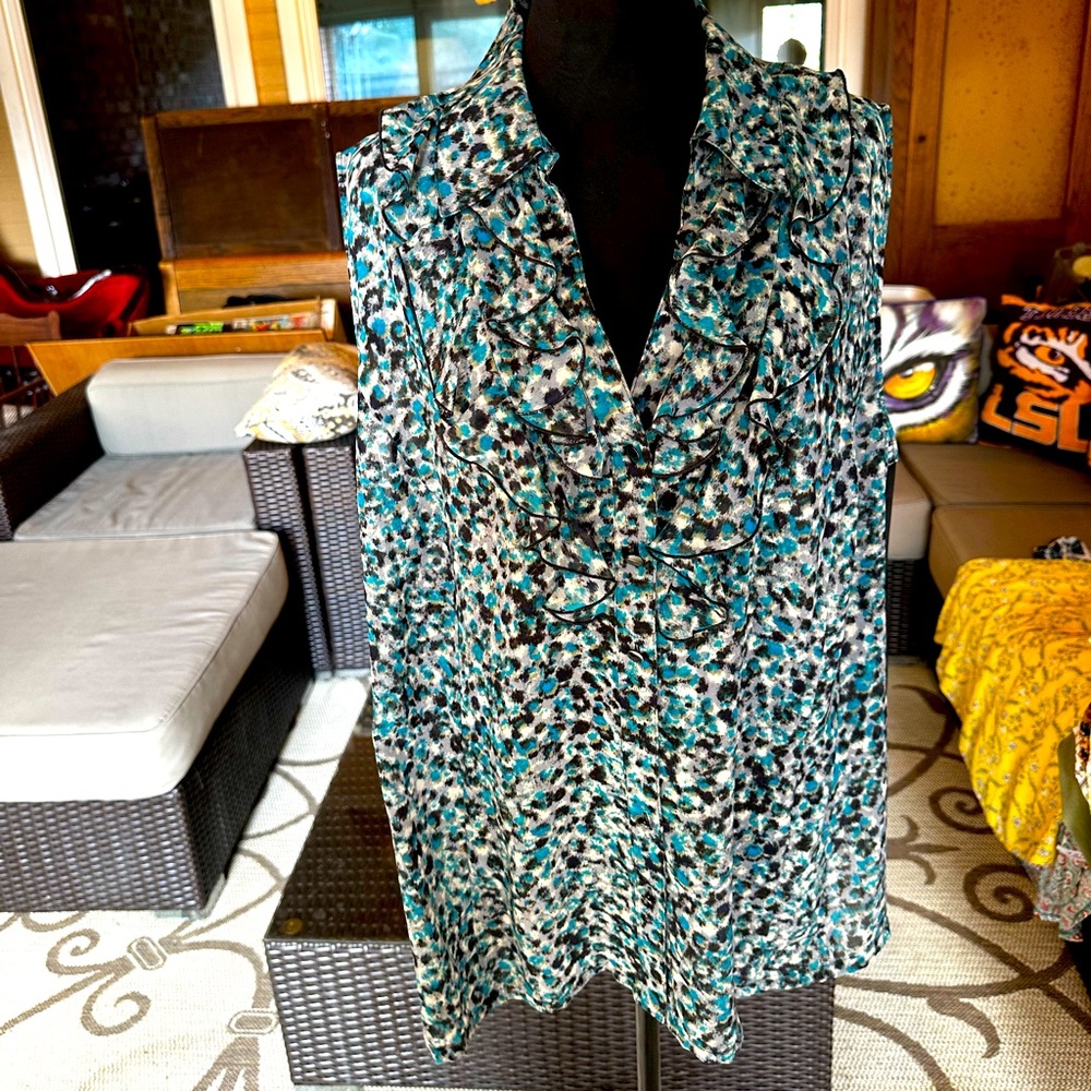Tahari Sleeveless Ruffled Cheetah Print Blouse 2x